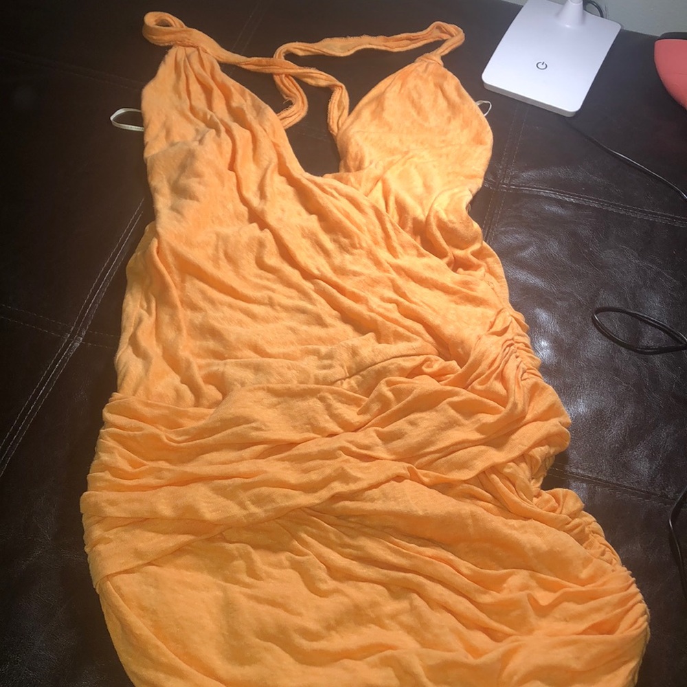 Cross cross back, ruched bottom dress tangerine